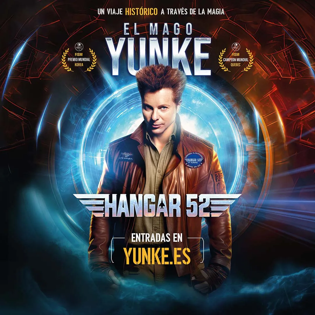 Cartel de Hangar 52, el Mago Yunke con chaqueta de aviador